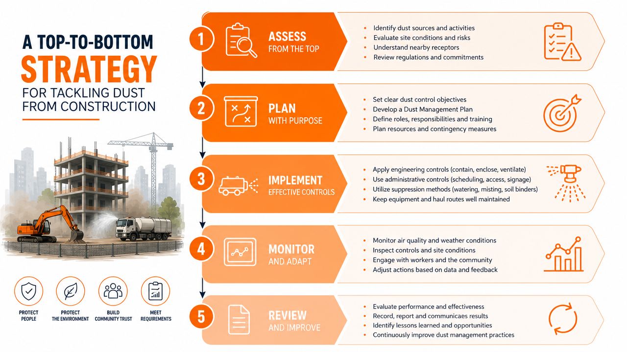 A five-step infographic strategy for reducing dust from construction sites through assessment, planning, implementation, monitoring, and review.