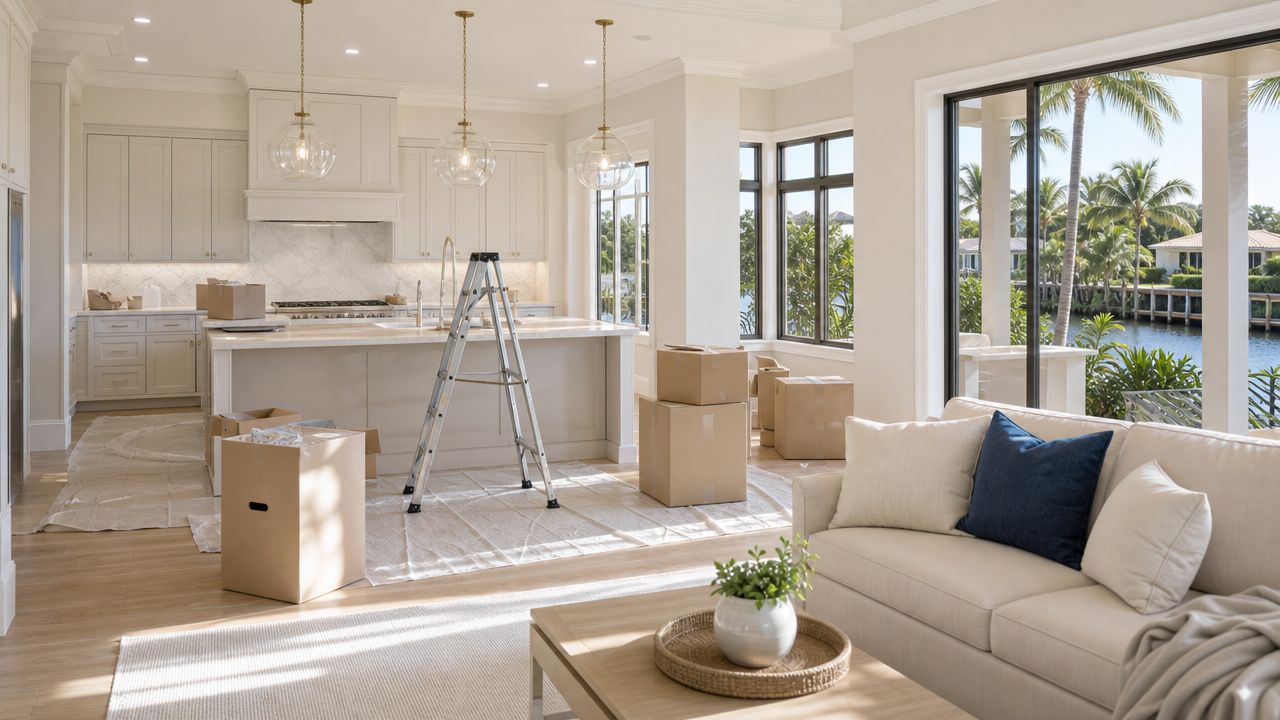A modern kitchen and living room during a move, featuring cardboard boxes, a ladder, and light furniture.