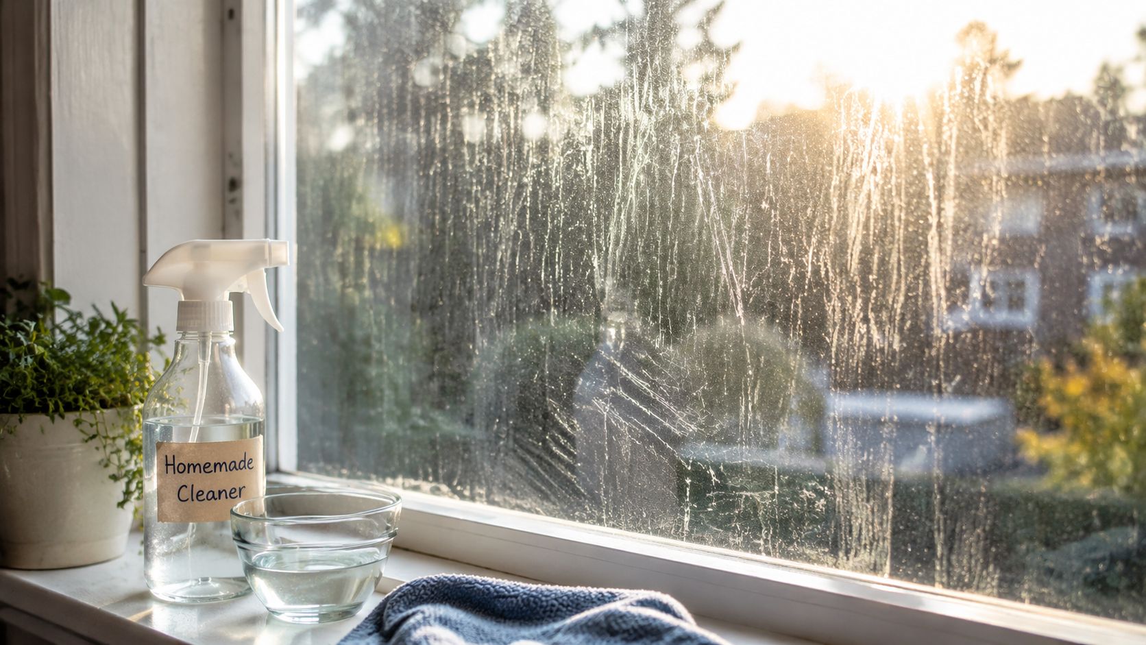 A glass spray bottle of homemade cleaner sits on a windowsill next to a cloth and water bowl.