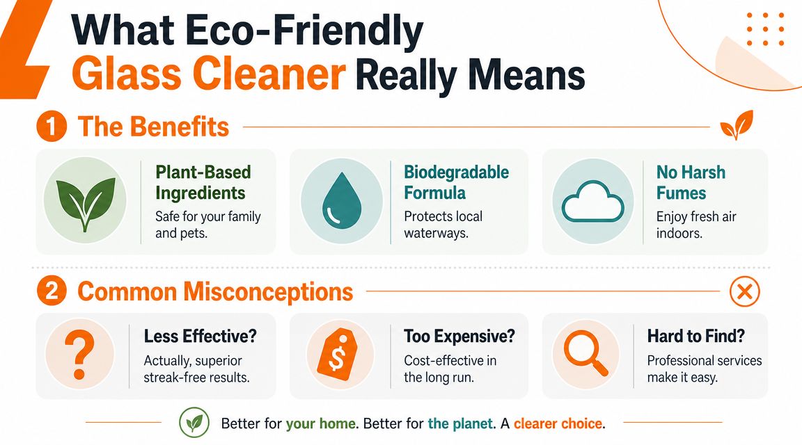 An infographic titled What Eco-Friendly Glass Cleaner Really Means, detailing the benefits and common misconceptions.