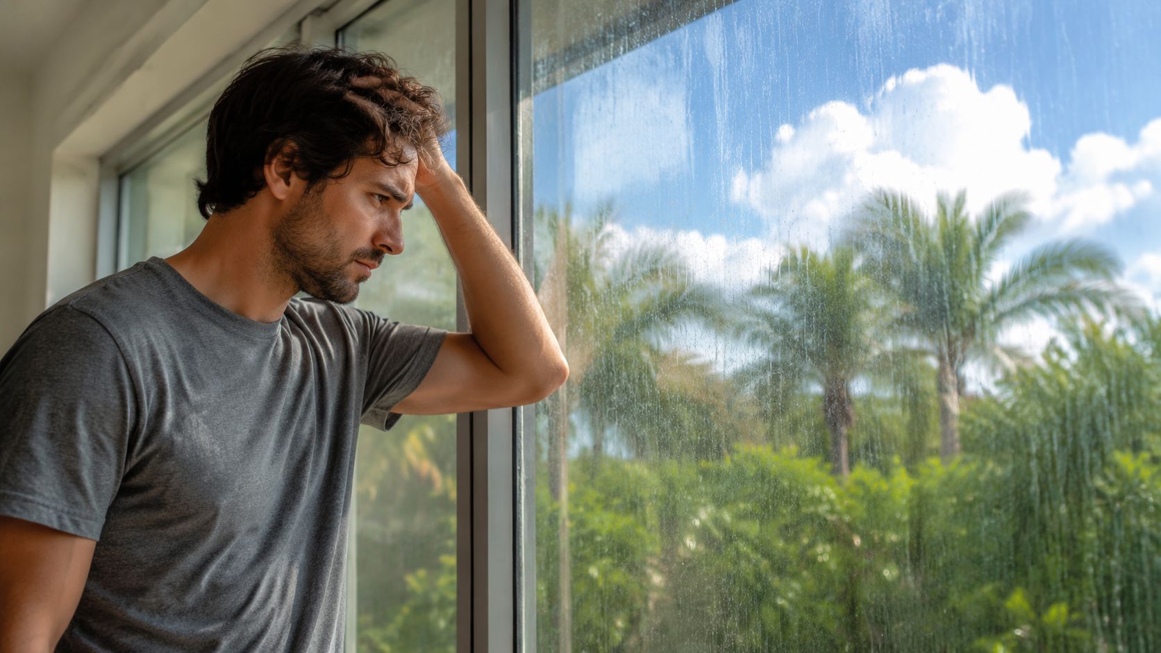 A pensive man looking out of a large, slightly dirty glass window at a lush tropical garden.