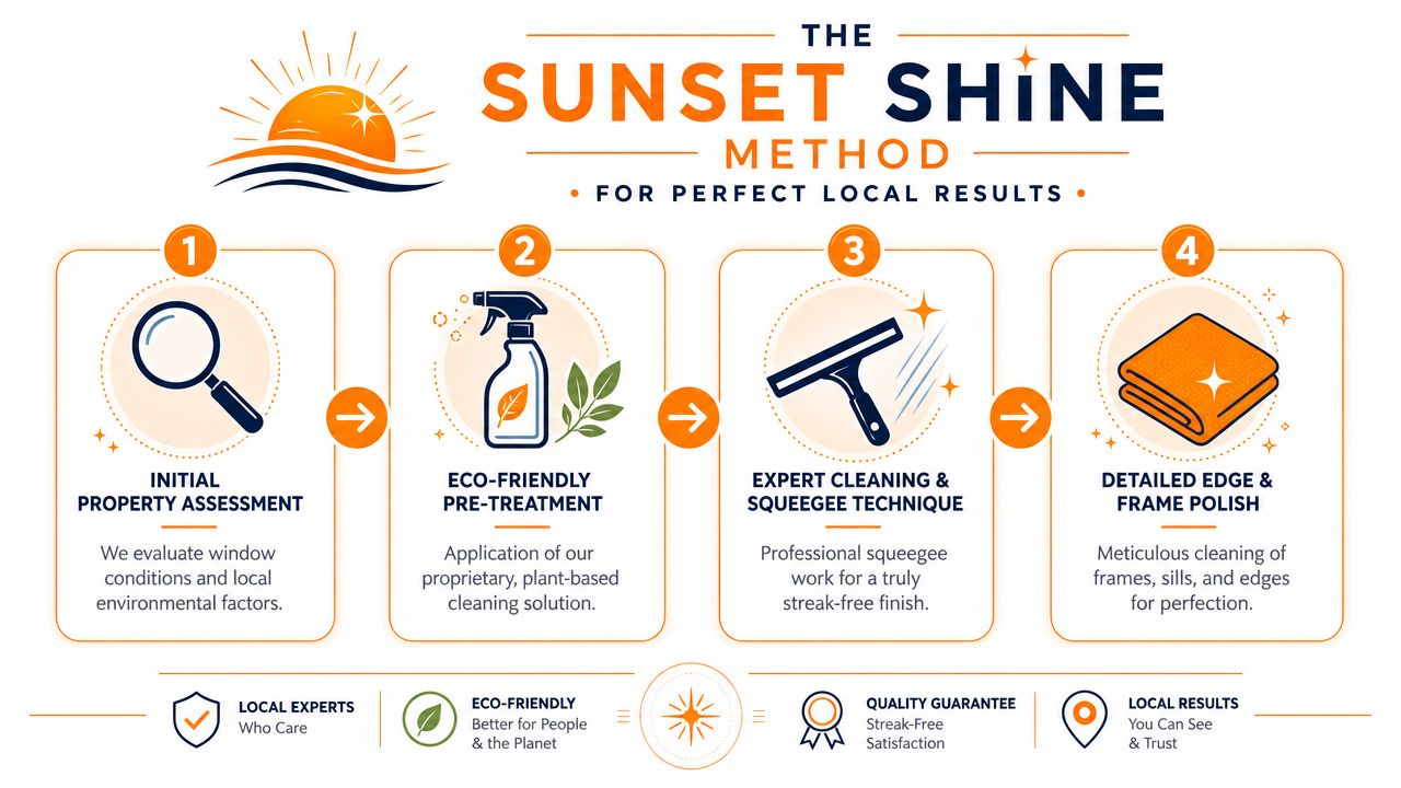 An infographic showing the four-step Sunset Shine Method for professional window cleaning using eco-friendly products and techniques.
