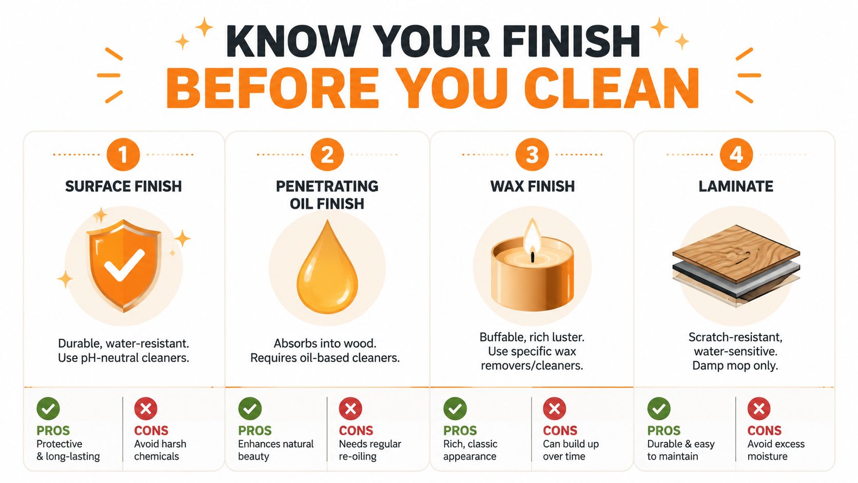 A chart illustrating four types of hardwood floor finishes with their respective pros, cons, and cleaning recommendations.