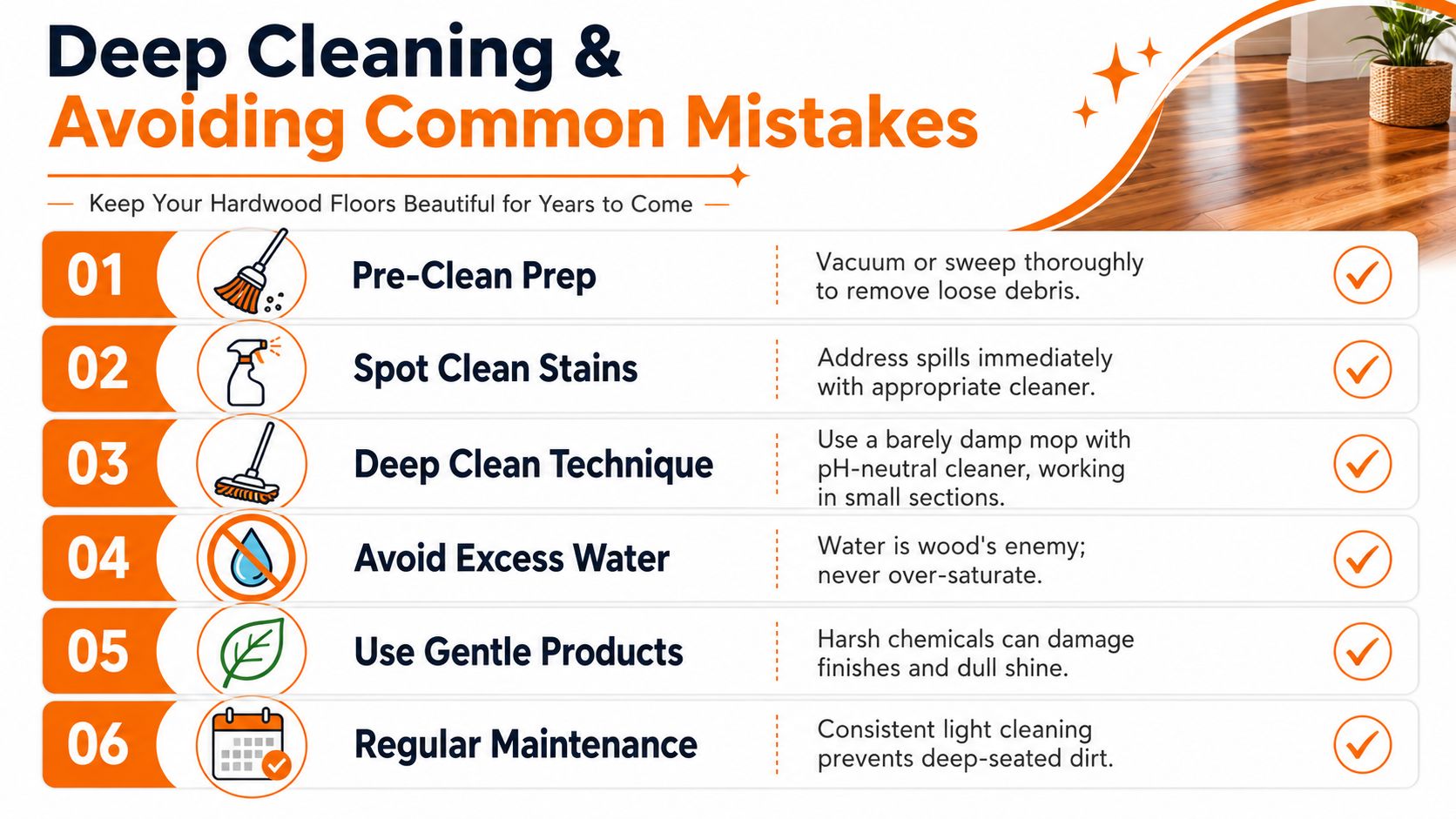 An infographic titled Deep Cleaning & Avoiding Common Mistakes showing six steps for hardwood floor care.
