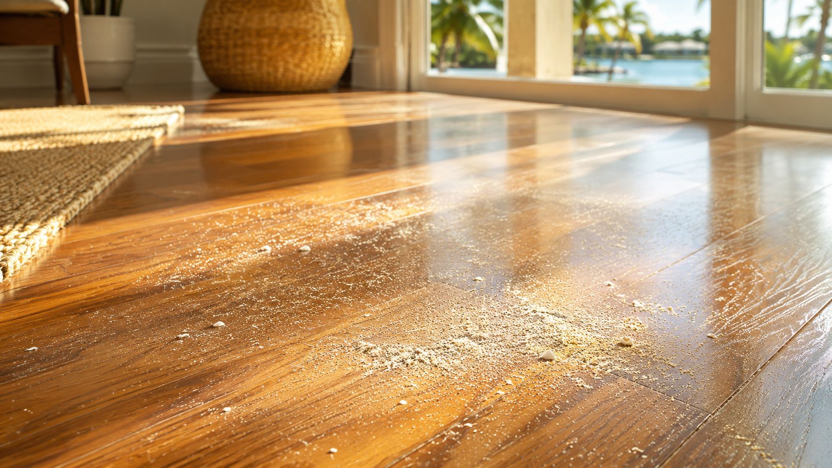 A patch of sand and small debris scattered across a shiny polished brown hardwood floor interior.