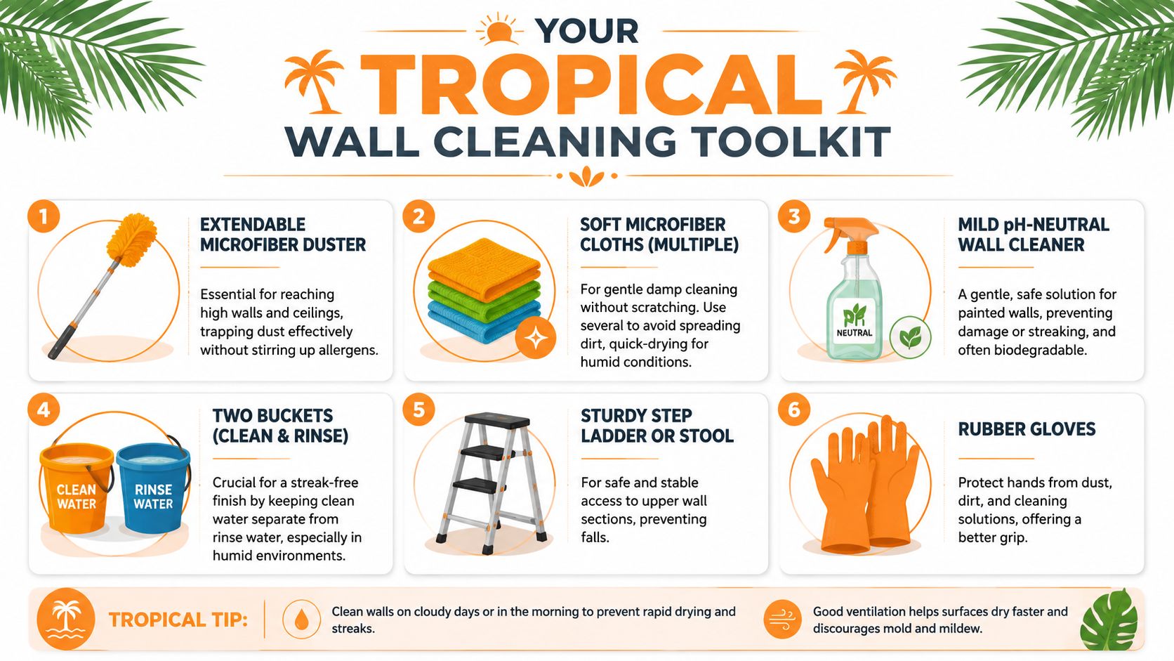 An infographic detailing essential tools for cleaning walls, including dusters, microfiber cloths, and cleaning buckets.