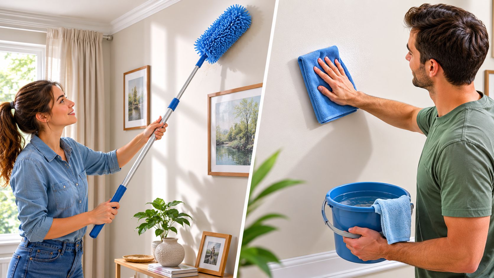 A split-screen image showing a woman dusting a wall with a long duster and a man wiping a wall.