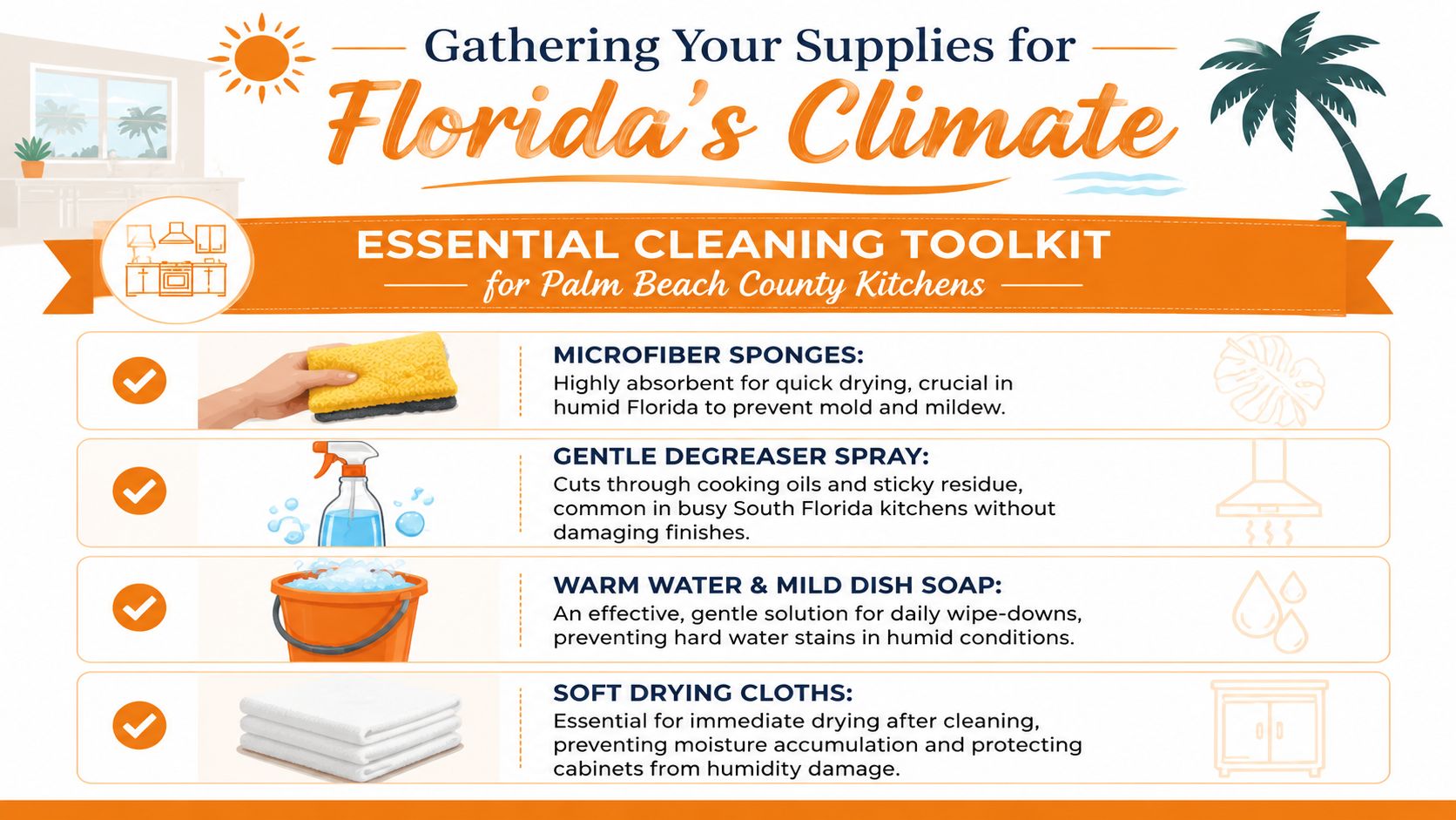 An infographic titled Essential Cleaning Toolkit for Palm Beach County Kitchens highlighting necessary supplies for kitchen maintenance.