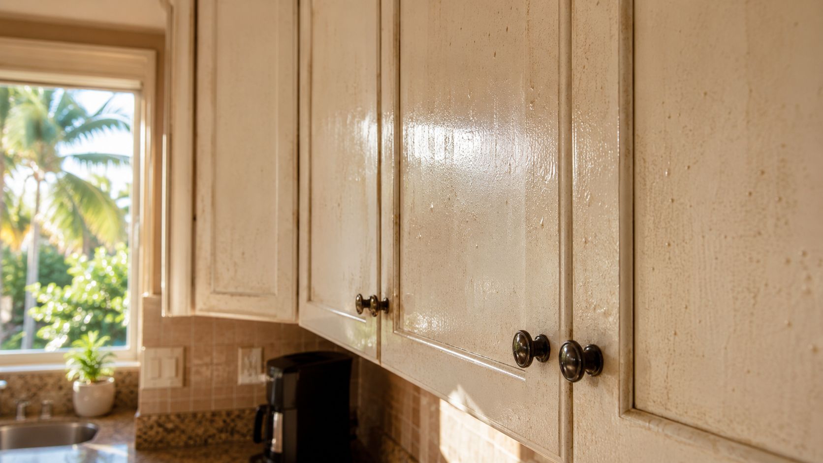 A close-up view of dirty, greasy kitchen cabinets in a sunlit home kitchen near a window.