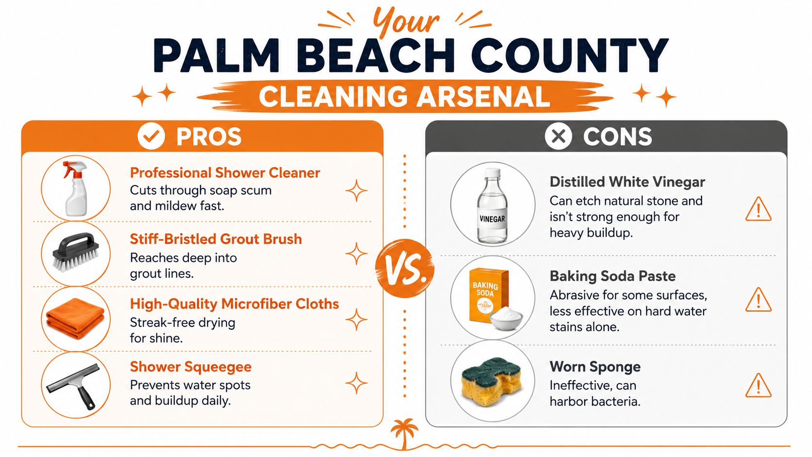 A comparison chart showing professional cleaning tools to use versus common household items to avoid in showers.