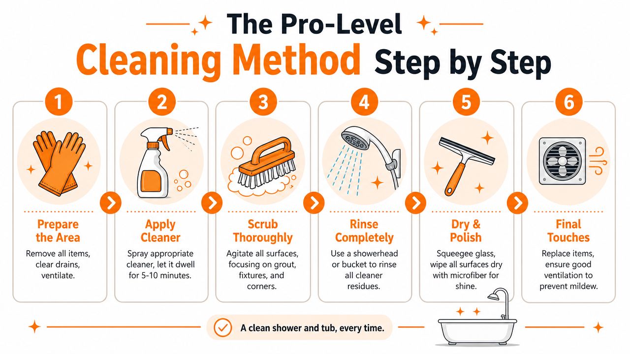 A six-step infographic illustrating a professional method for cleaning a shower and bathtub efficiently.