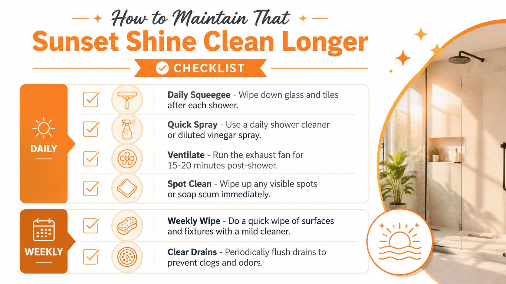 A checklist infographic illustrating daily and weekly steps for cleaning a shower to maintain its shine.
