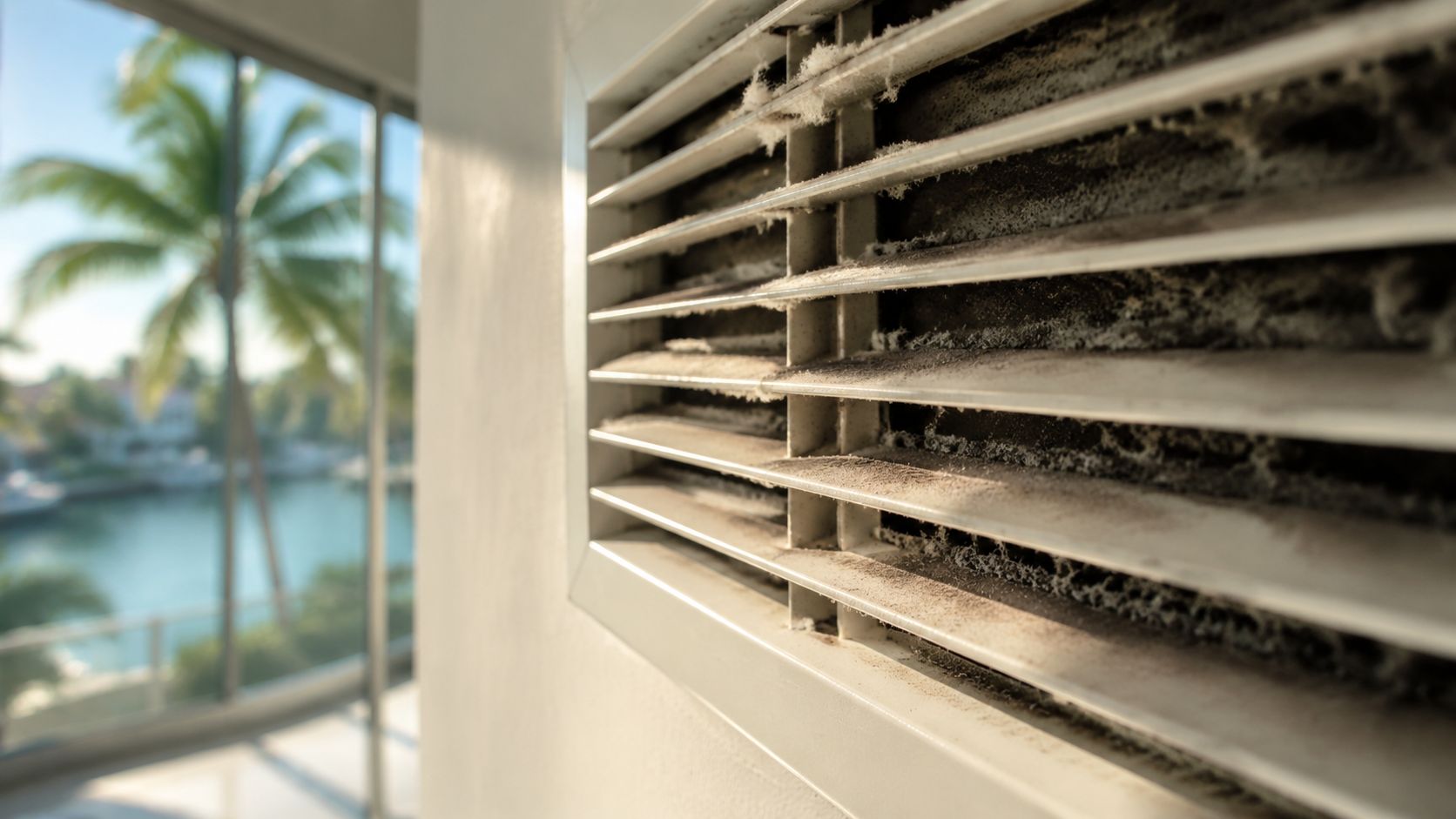 A close-up view of a dirty air conditioning vent covered in thick gray dust particles.
