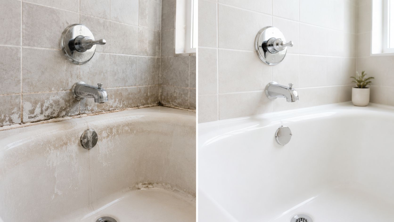 A split image showing a dirty bathtub covered in grime before cleaning and sparkling clean afterwards.