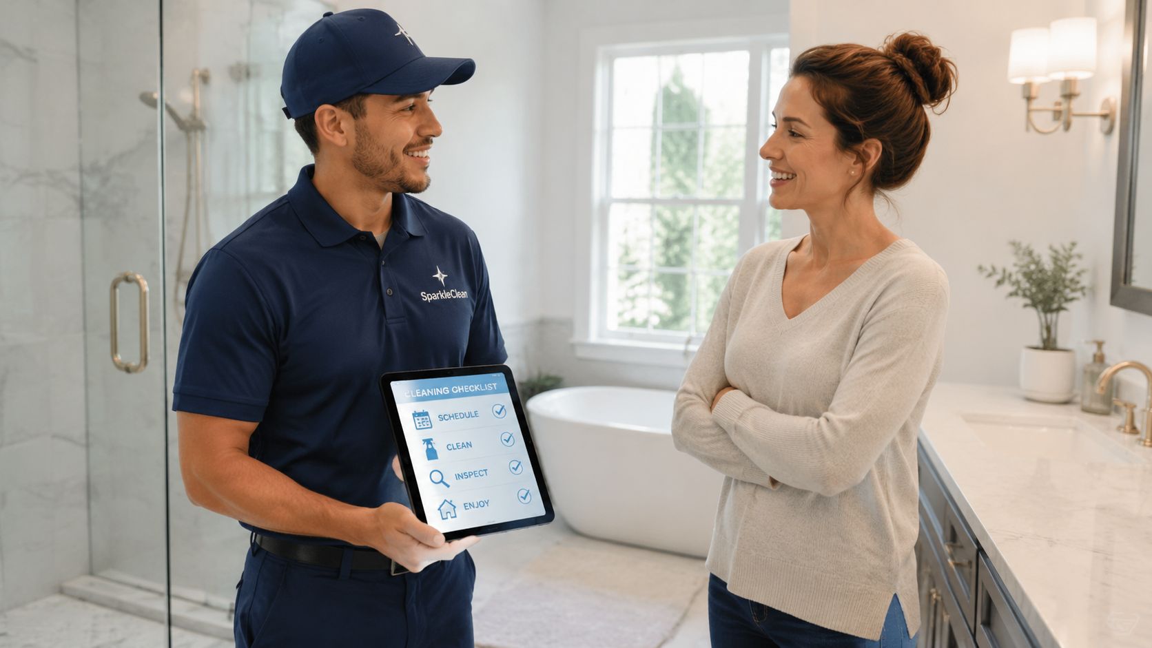 A professional cleaner shows a digital cleaning checklist on a tablet to a smiling female homeowner in bathroom.