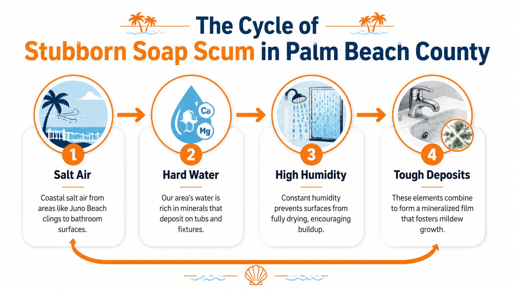 A diagram illustrating the four-step cycle of soap scum formation in Palm Beach County bathrooms.
