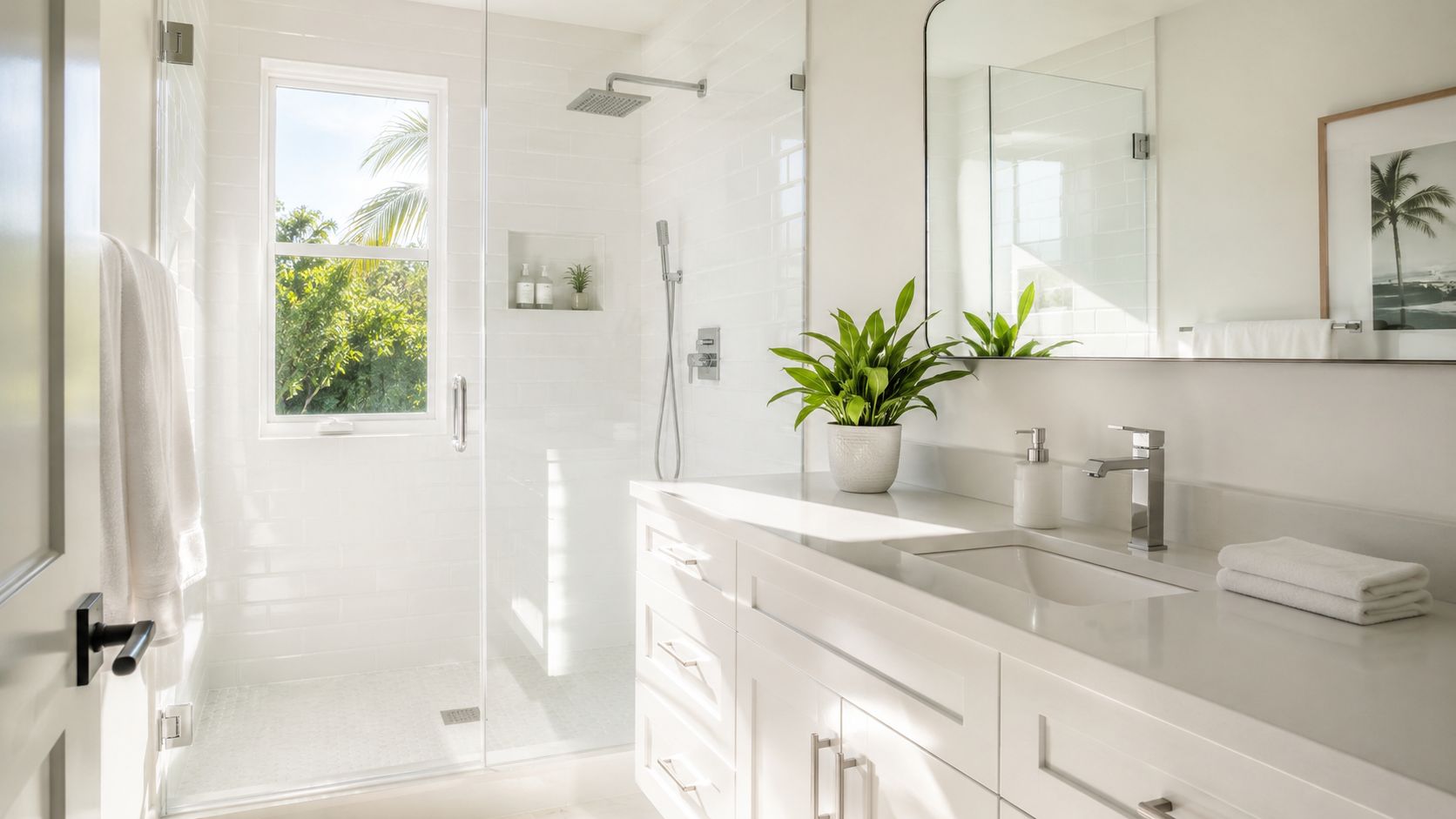 A bright, modern white bathroom featuring a glass-enclosed shower, a double vanity, and a green potted plant.