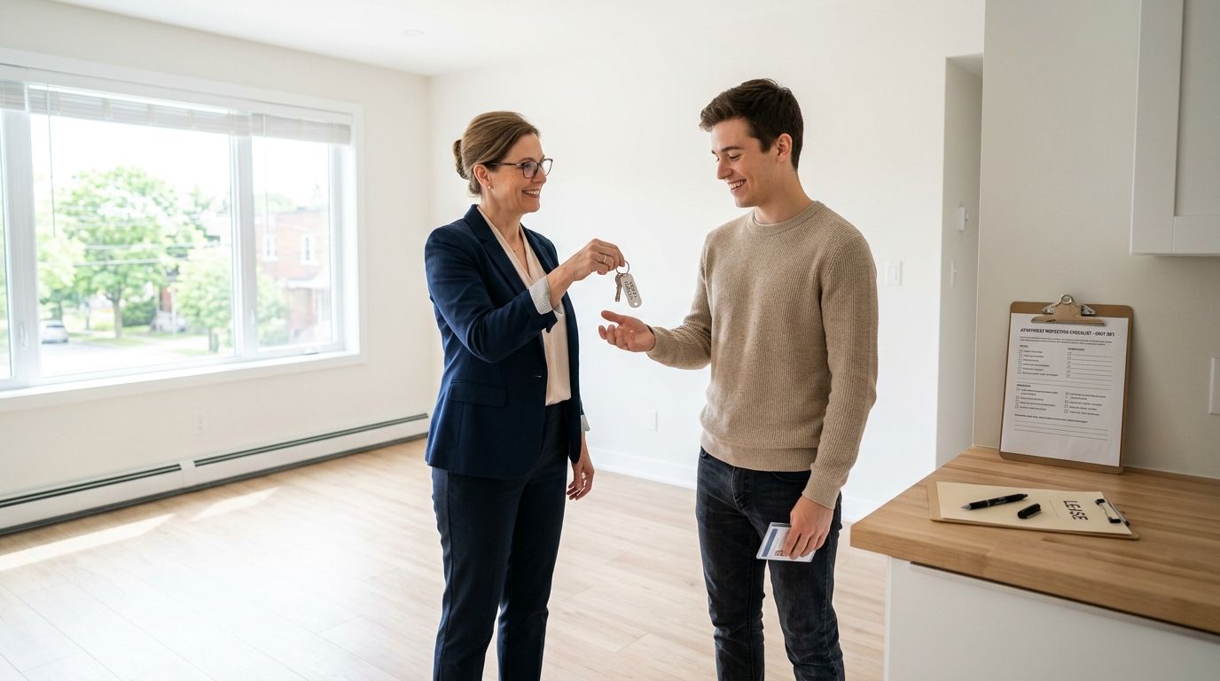 A female real estate agent handing over keys to a smiling young man in an empty apartment.
