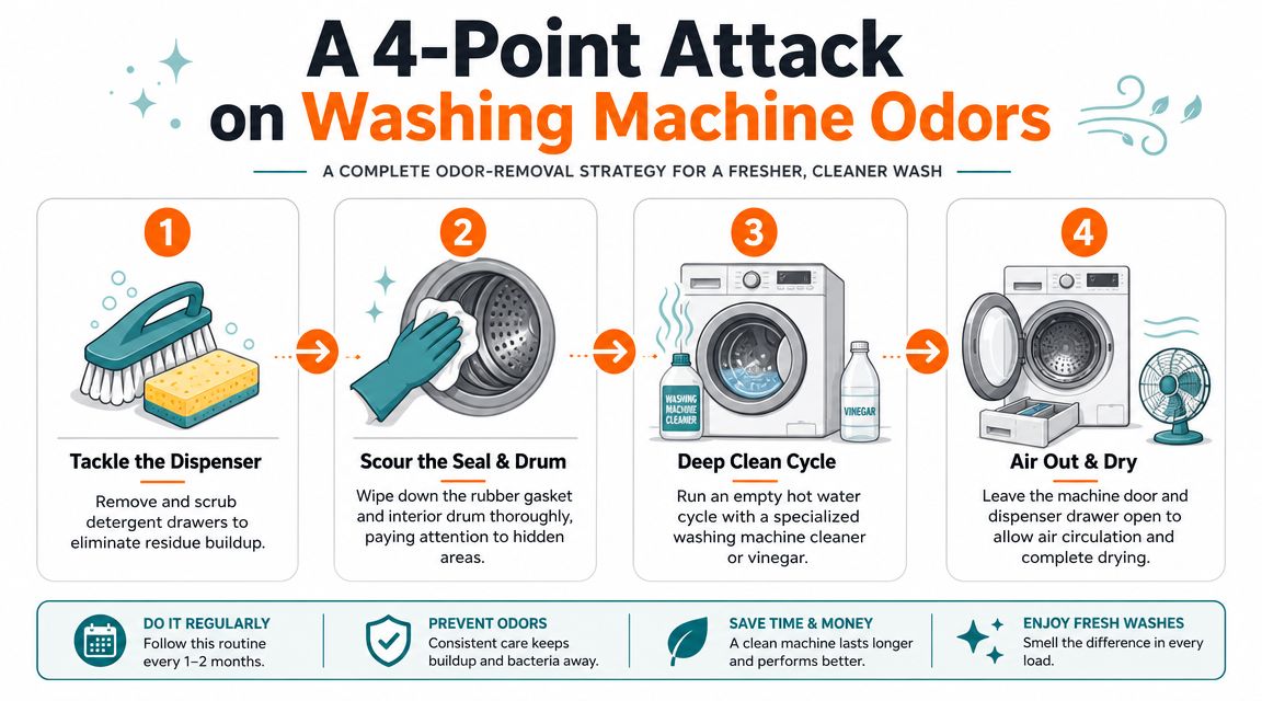 An infographic showing a 4-step process for removing musty odors from a washing machine.