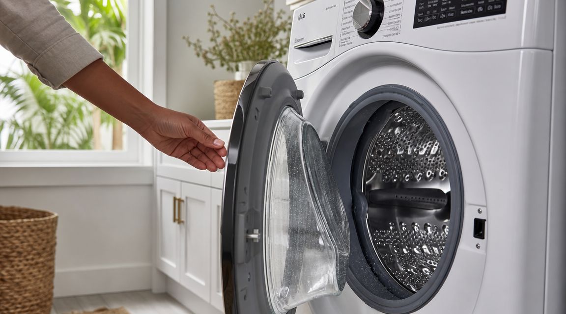 A person opening the door of a white LG front-load washing machine in a laundry room setting.