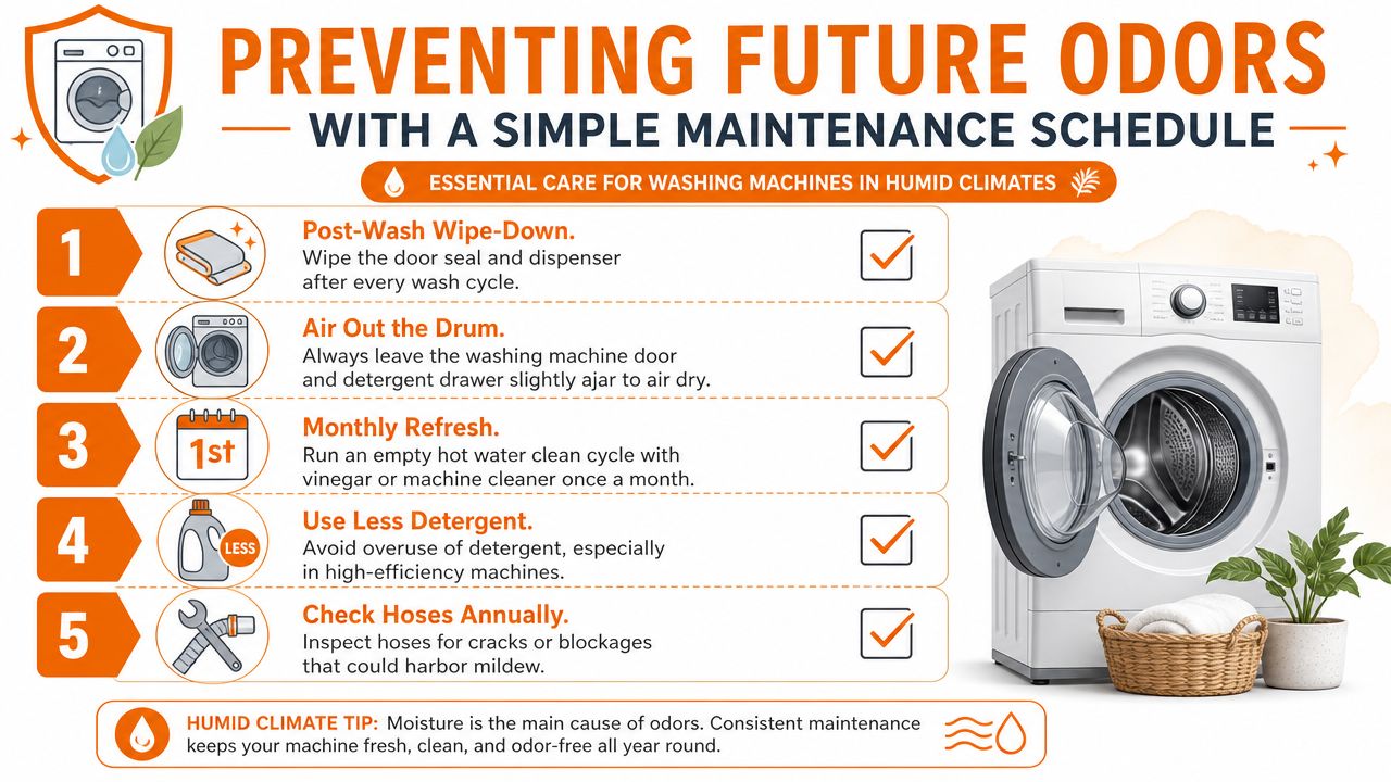 A maintenance guide infographic showing five steps to prevent musty odors in washing machines effectively.