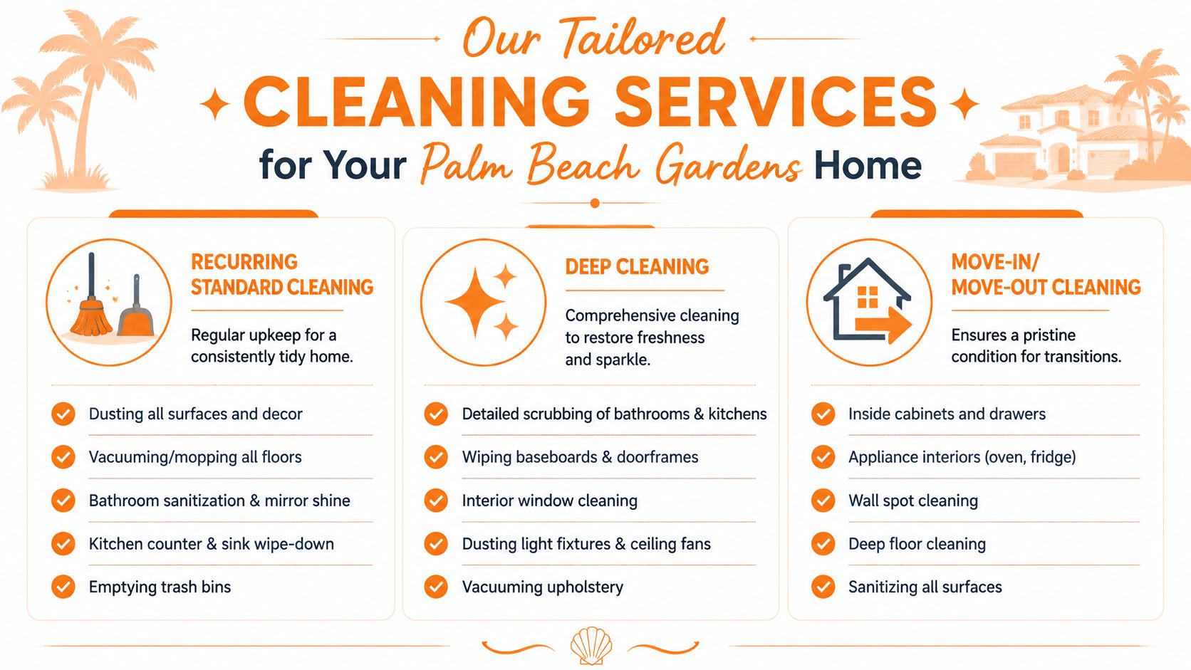 A promotional graphic for professional residential cleaning services offered to homeowners in Palm Beach Gardens.