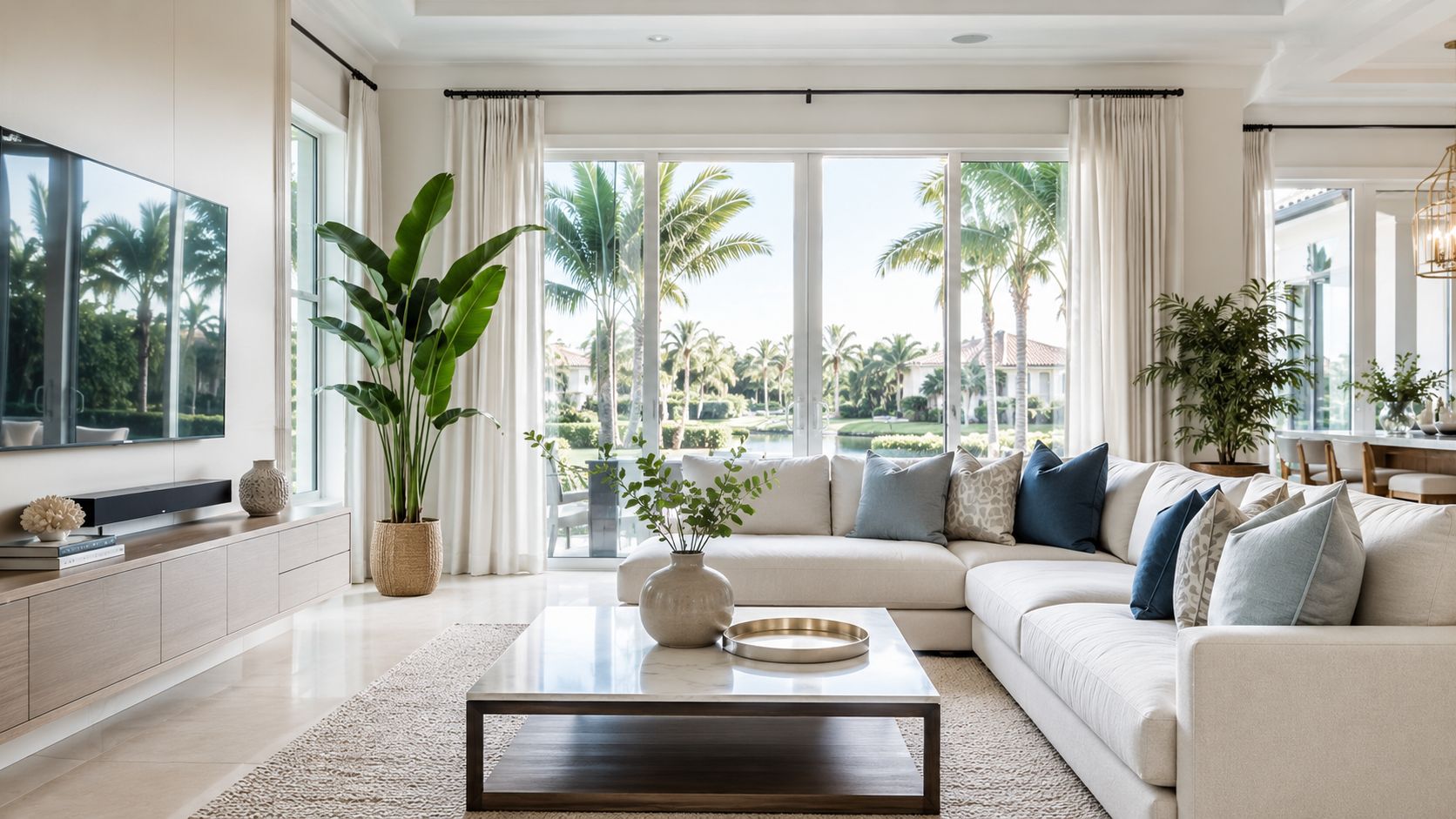 A bright, elegant luxury living room featuring a white sectional sofa, palm trees, and scenic views.