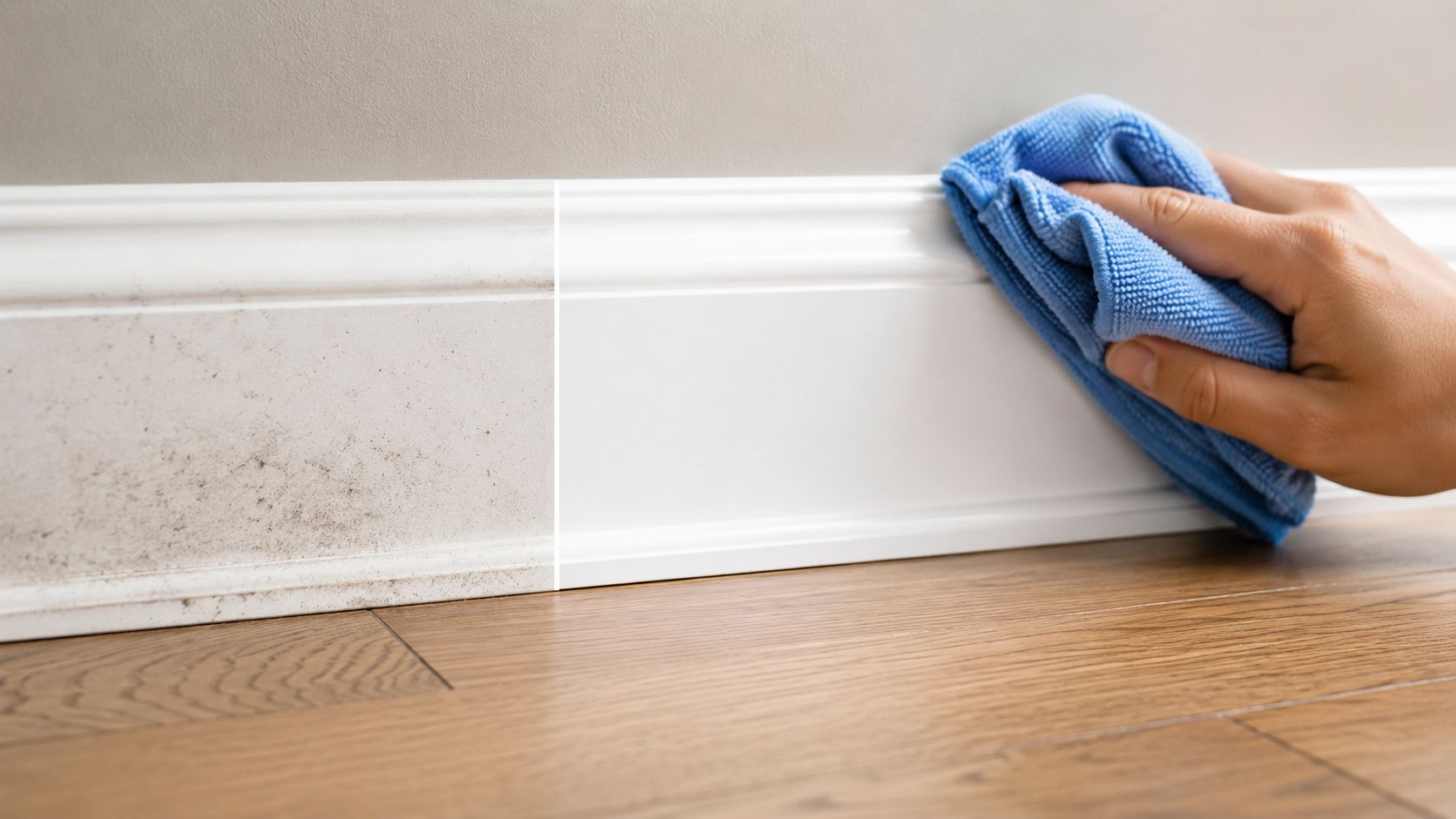A hand using a blue cloth to wipe dust and dirt off a white wooden baseboard.