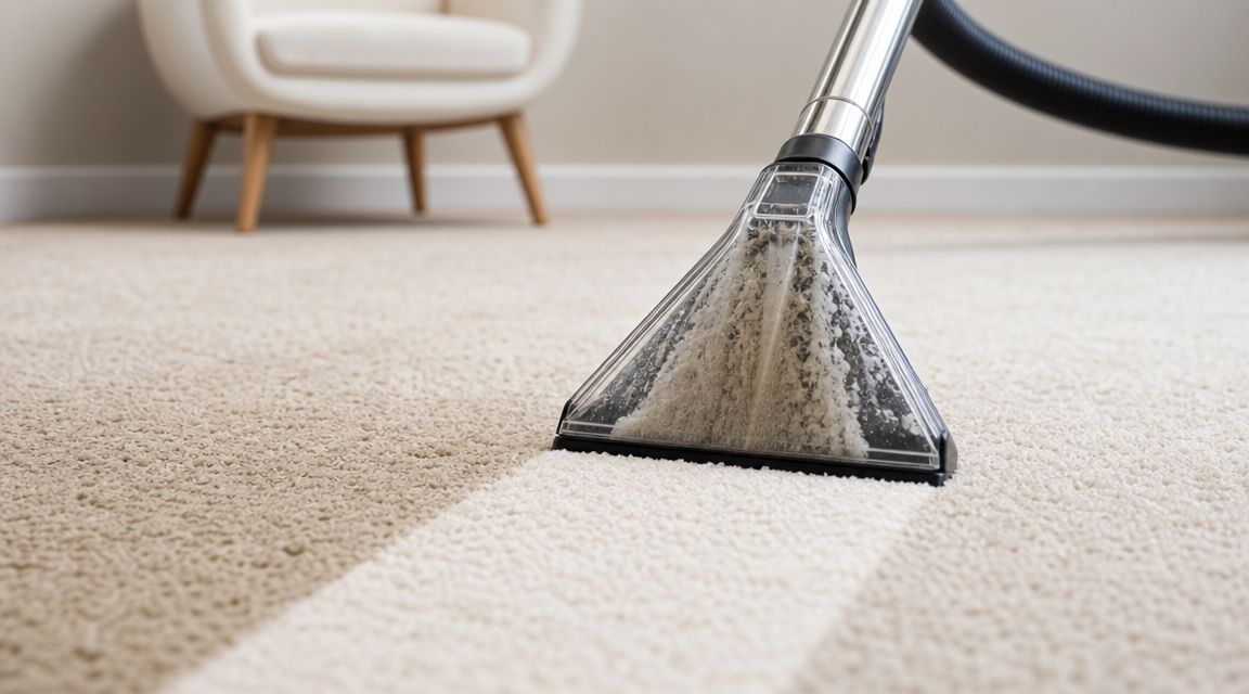 A professional carpet cleaning machine tool removing dirt from a carpeted floor in a modern room.