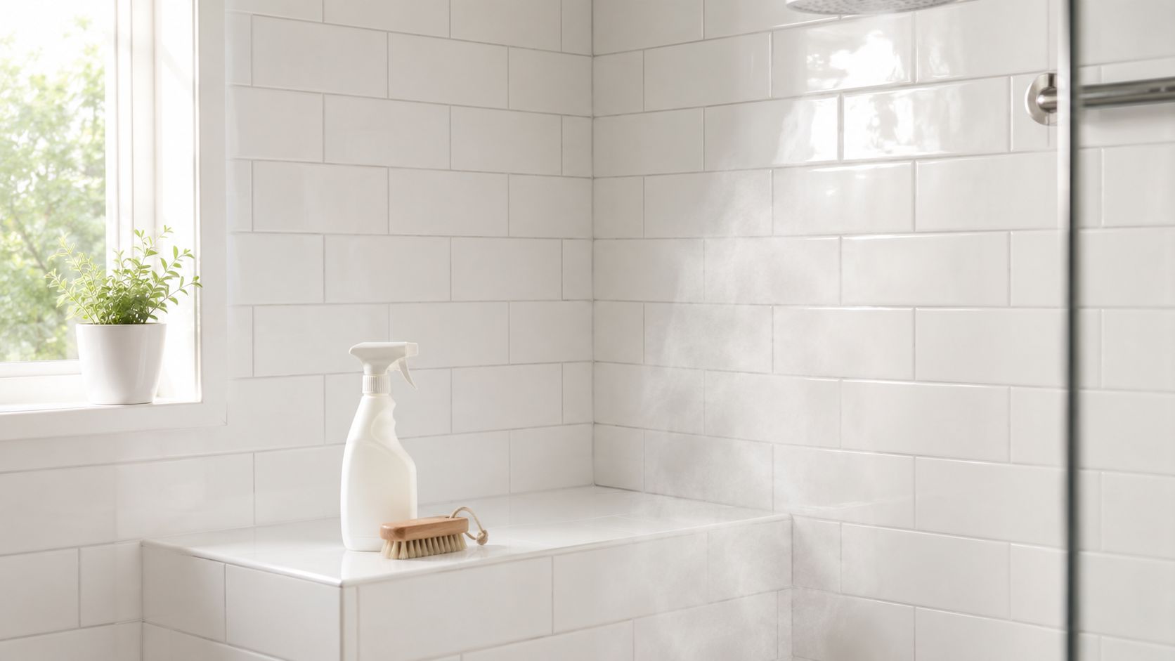 A clean shower bench with a spray bottle and scrubbing brush, set against white tiled walls.