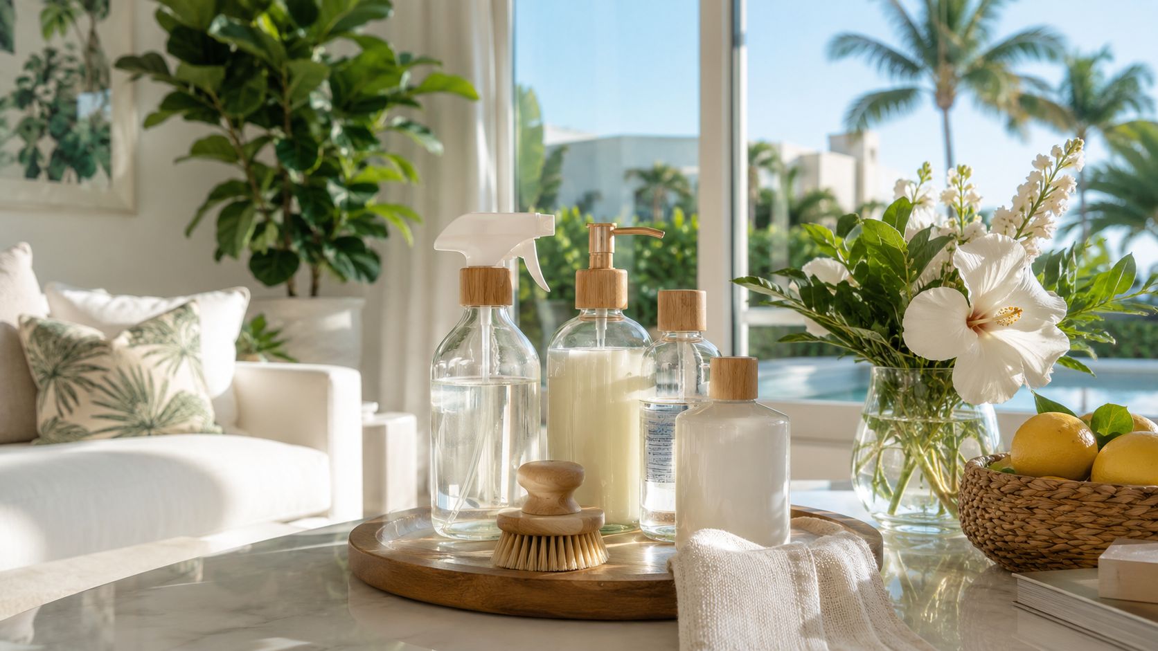 A collection of natural cleaning products in glass bottles with wooden tops displayed on a wooden tray.