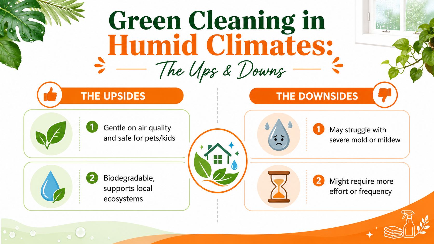 An infographic titled Green Cleaning in Humid Climates outlining the benefits and challenges of eco-friendly products.