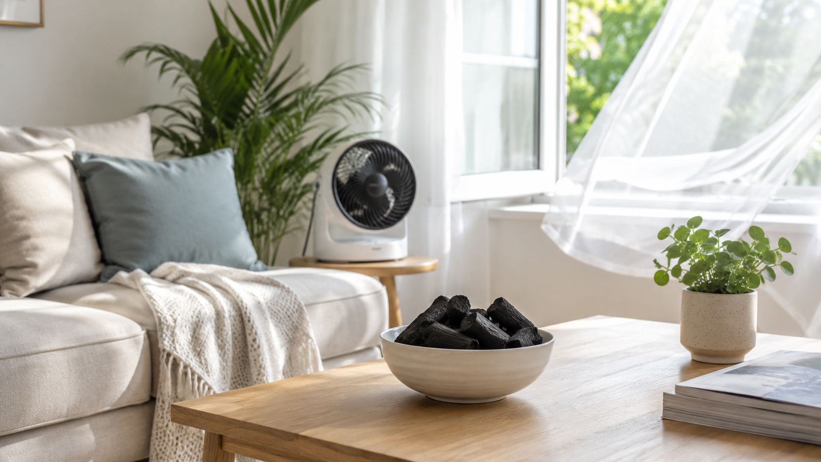 A living room interior featuring a bowl of charcoal on a wooden table to absorb odors.