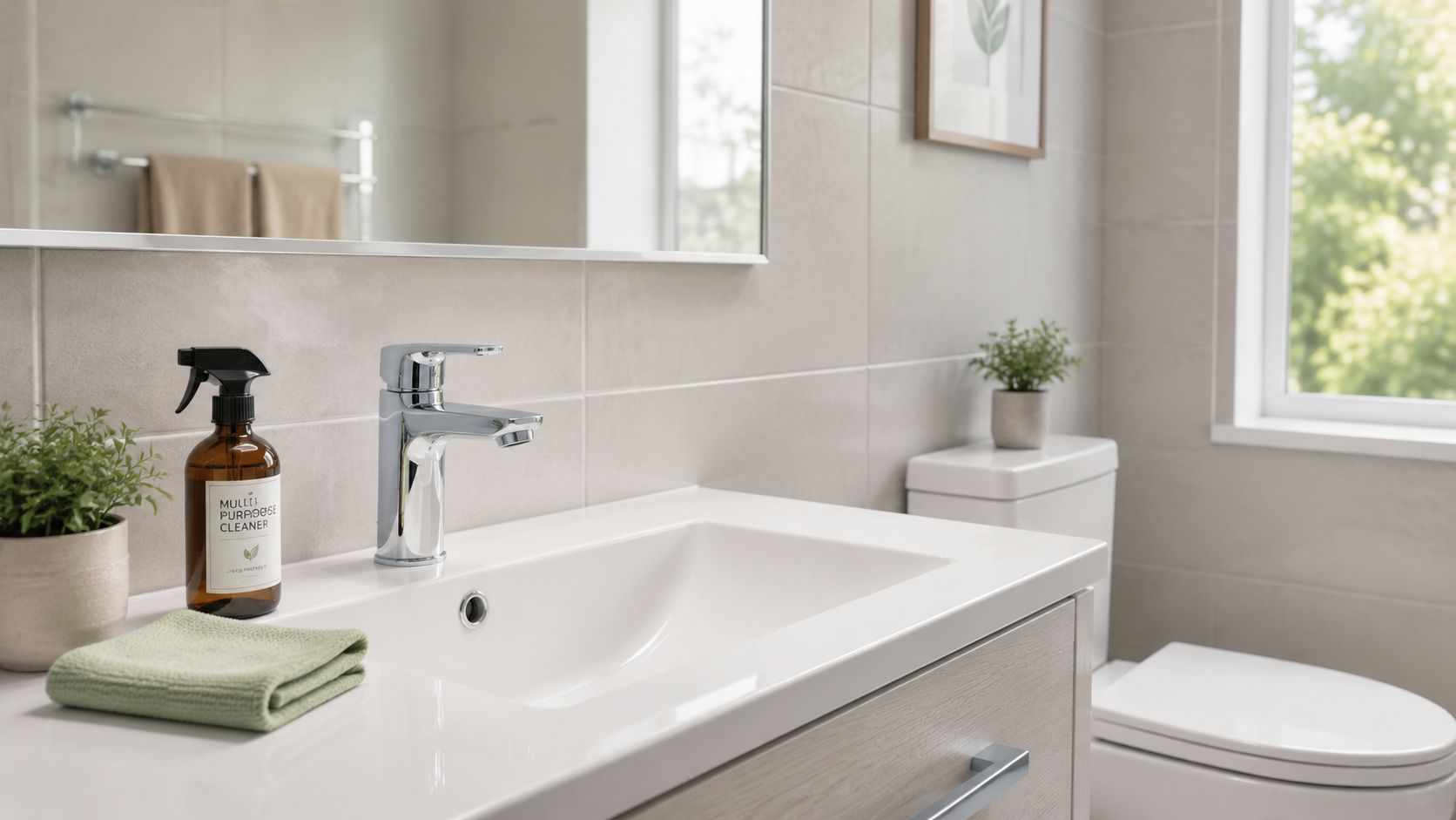A modern, clean bathroom vanity featuring a white sink, chrome faucet, cleaning spray, and a green towel.