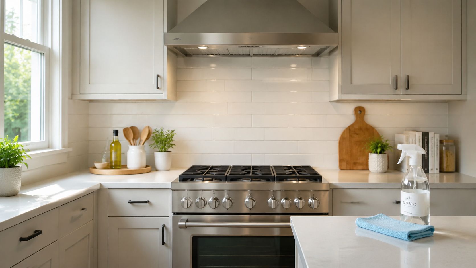 A clean, modern kitchen featuring a stainless steel stove, white subway tile backsplash, and tidy countertops.