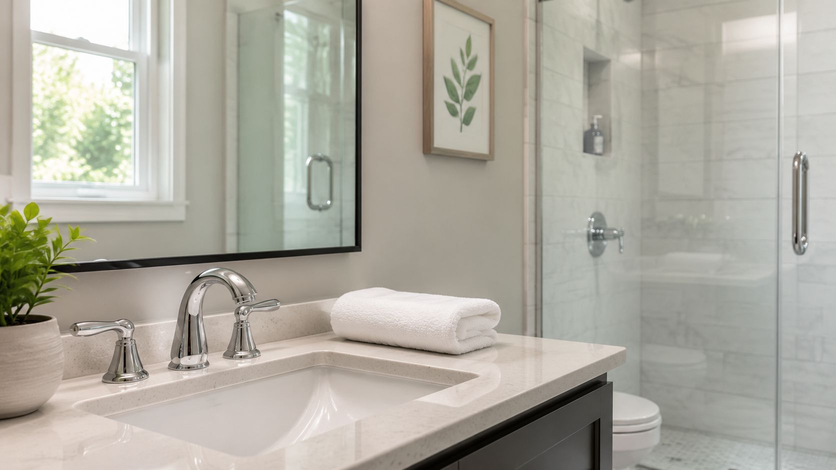 A clean modern bathroom vanity with a white sink, chrome faucet, folded towel, and potted plant.