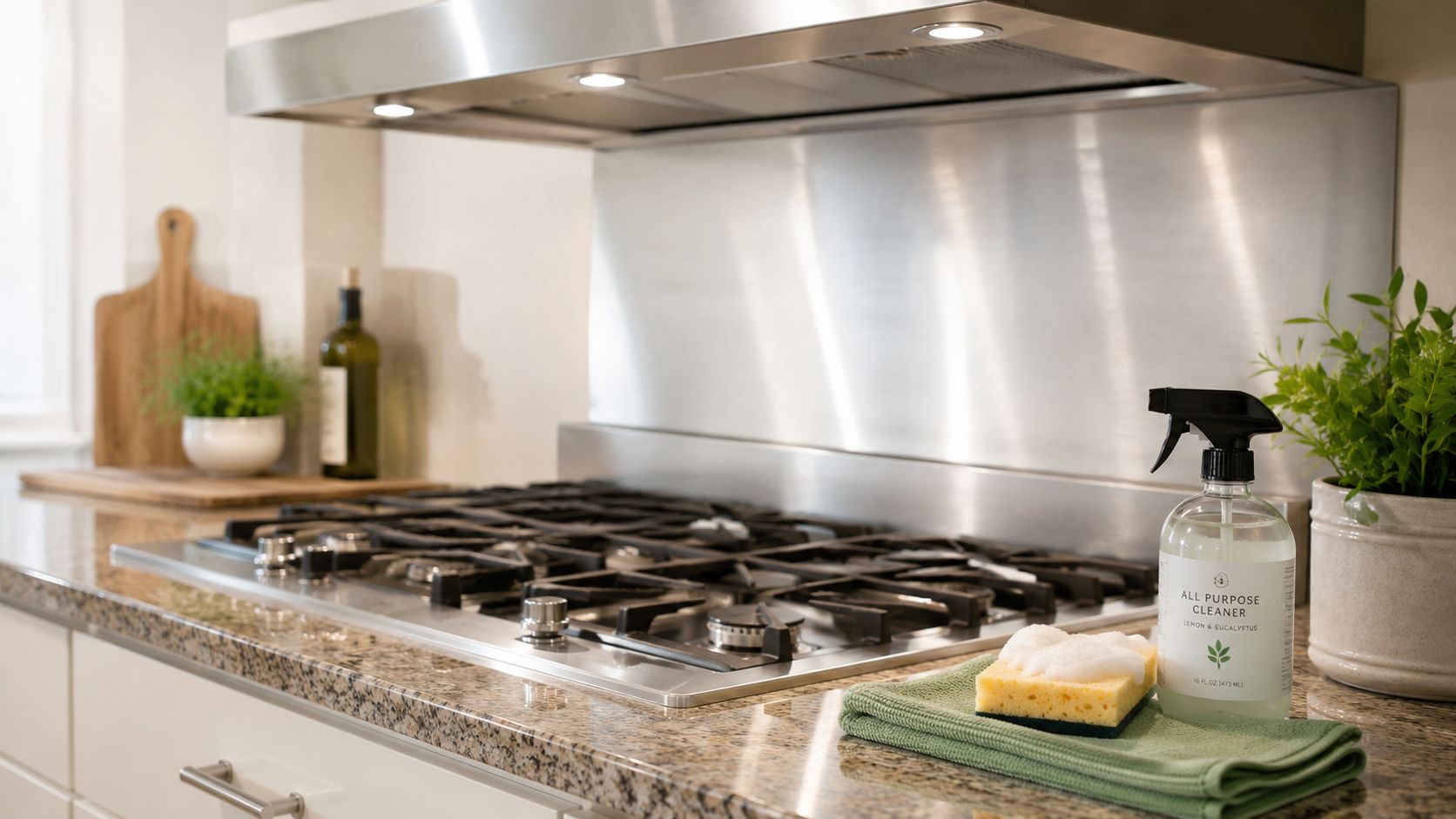 A clean kitchen stove with a spray bottle, a sponge, and a green cleaning cloth nearby.