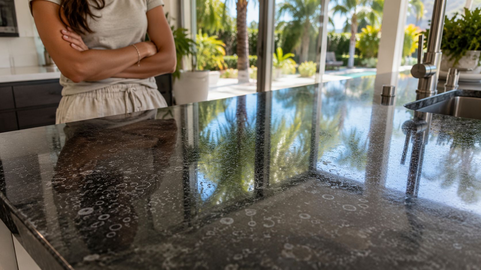 A close-up of a kitchen countertop showing visible water spots and streaks on a dark granite surface.