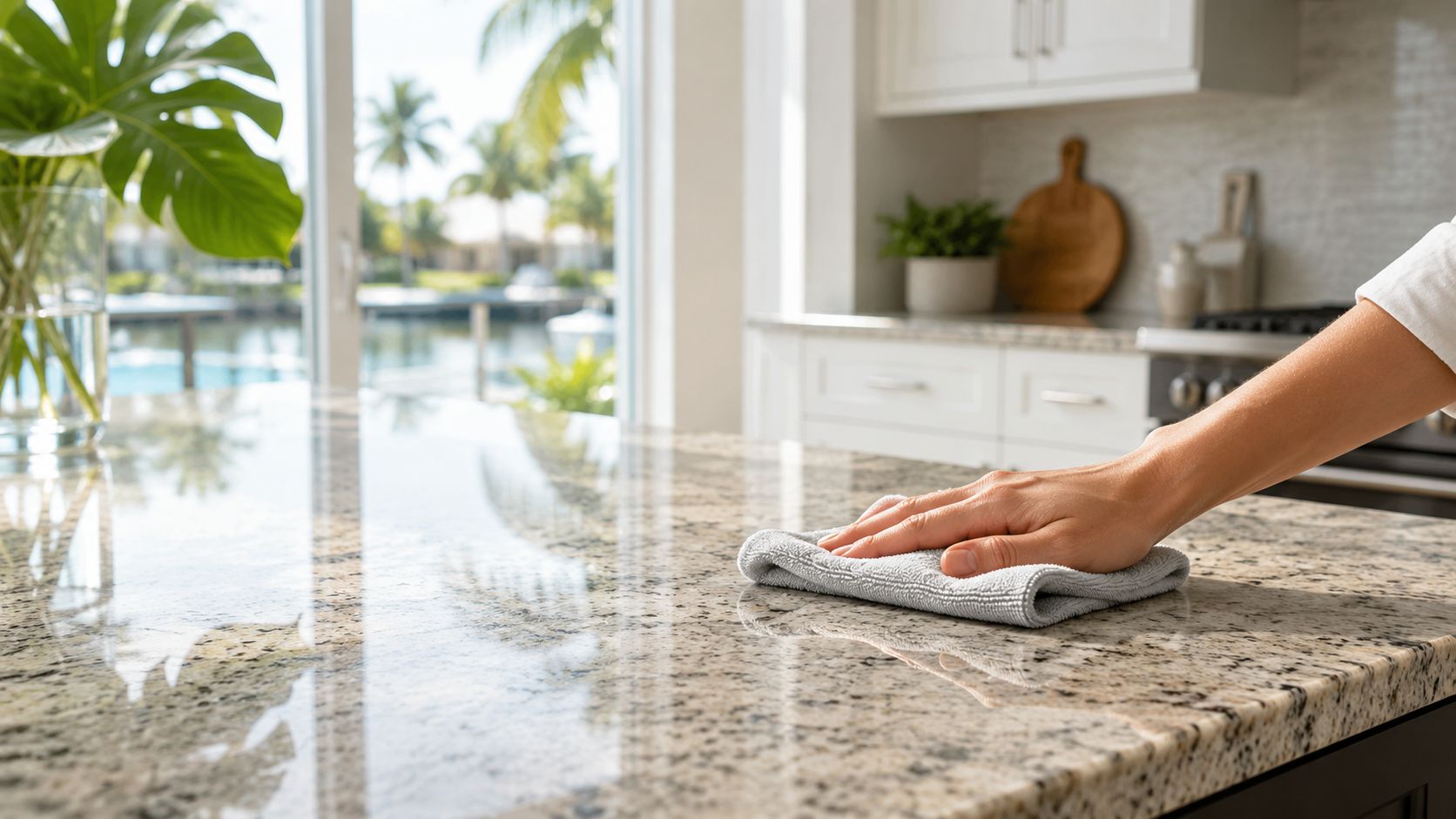 A person wiping clean a polished granite kitchen countertop with a grey microfiber cloth in a bright kitchen.