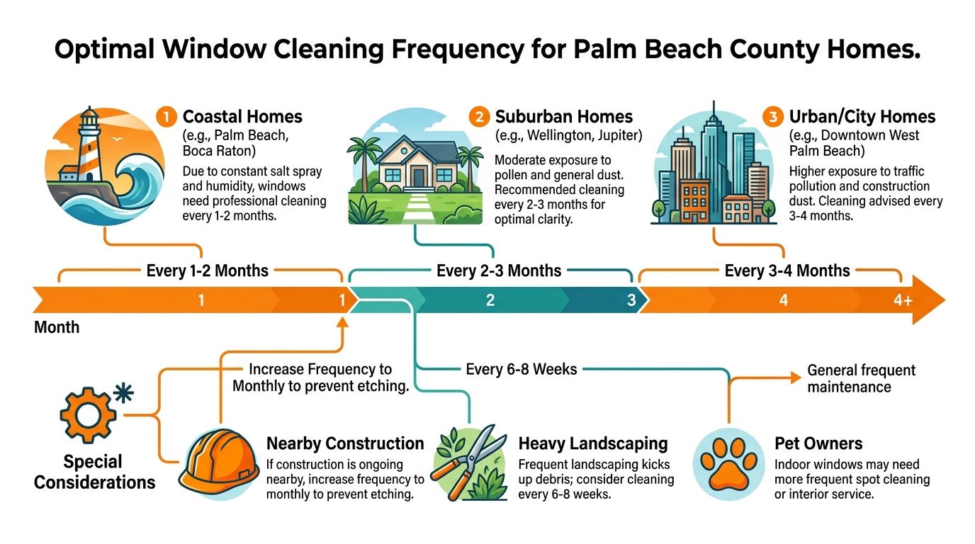 An infographic showing recommended window cleaning frequencies for different Palm Beach County home locations and specific environmental factors.
