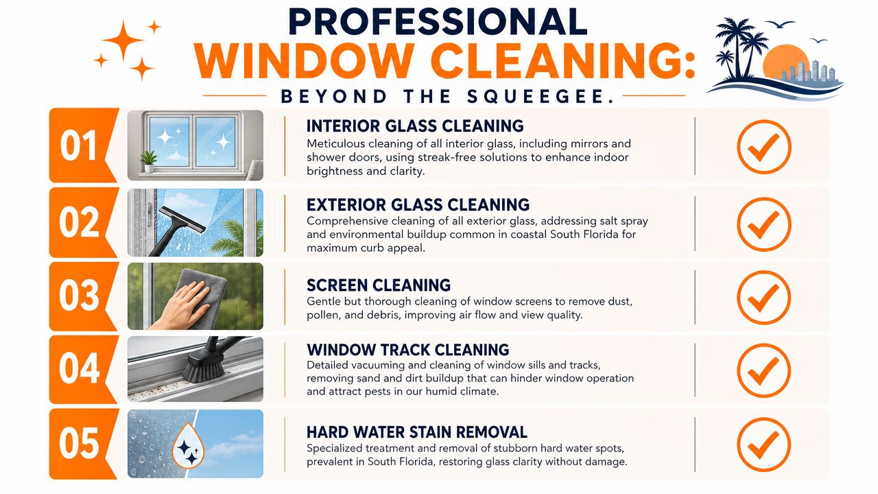 A professional window cleaning services infographic listing five key maintenance tasks including interior, exterior, screen, and track cleaning.
