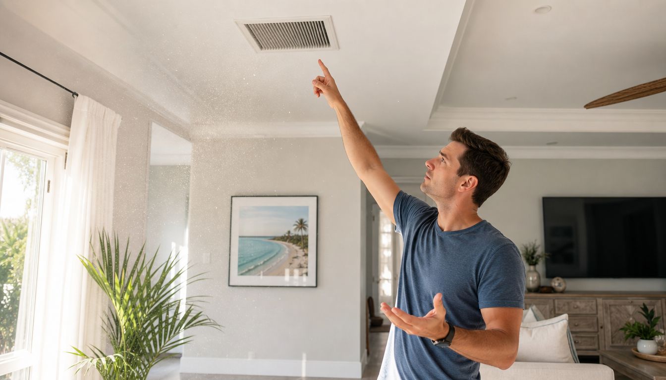 A concerned man points at a ceiling air vent, checking for issues with his home air conditioning system.