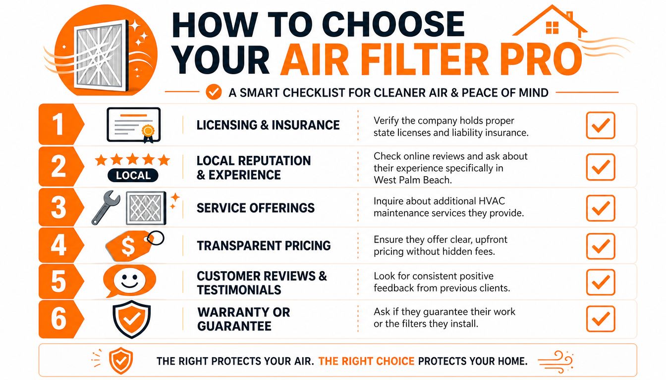 A checklist infographic titled How to Choose Your Air Filter Pro for selecting professional HVAC services.