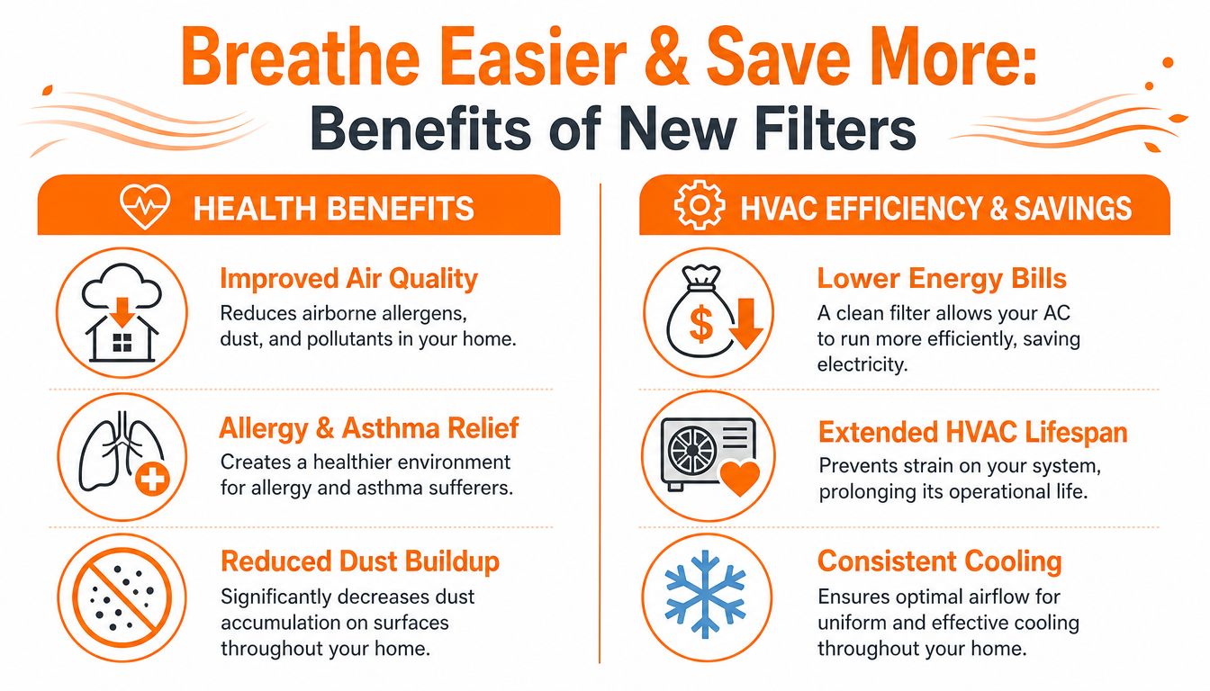 An infographic detailing the health and HVAC efficiency benefits of regularly replacing home air filters.