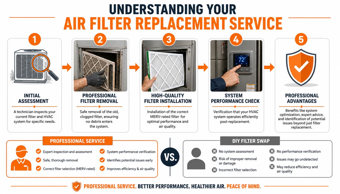 A five-step infographic showing the professional air filter replacement service process compared to a DIY filter swap.