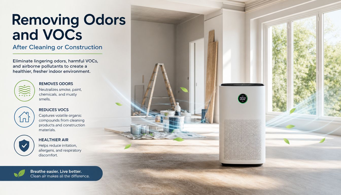 A modern air purifier in a room undergoing construction, cleaning the air of lingering odors and VOCs.