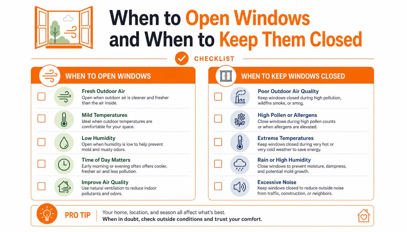 A checklist infographic illustrating guidelines on when to open or close windows for optimal home ventilation.