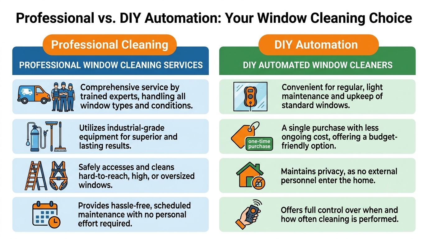 A comparison chart outlining the pros and cons of professional window cleaning services versus automated DIY cleaners.