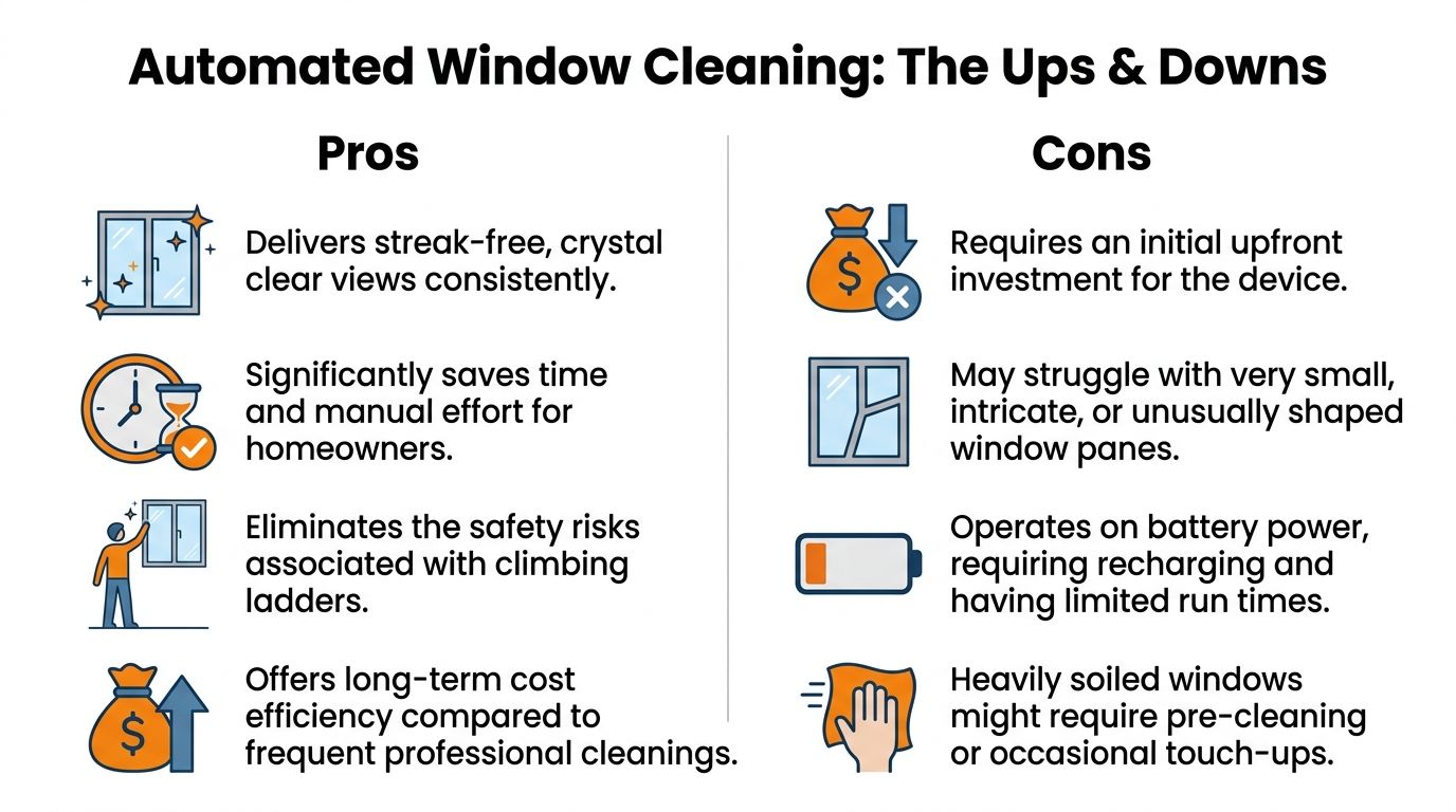 An infographic comparing the pros and cons of using automated window cleaning devices for home maintenance.