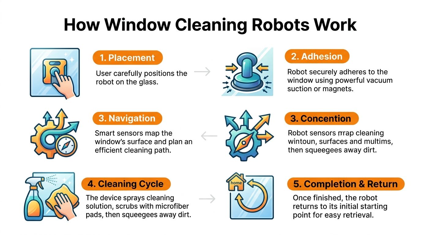 An infographic illustrating the step-by-step process of how automatic window cleaning robots operate on glass surfaces.